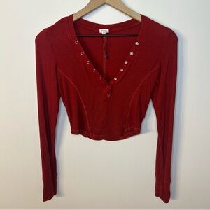Garage Women’s Dark Red Henley Seamed Long Sleeve Tee, Size Small